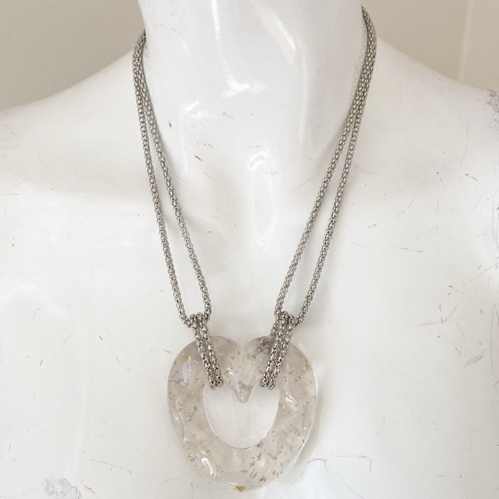 Urban Outfitters Acrylic Clear Oversized Heart Pendant Necklace w Silver Chain